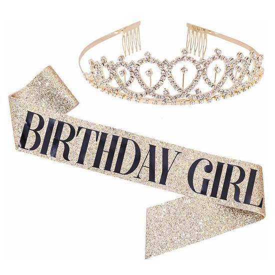 Golden glittery sash with tiara for the birthday girl
