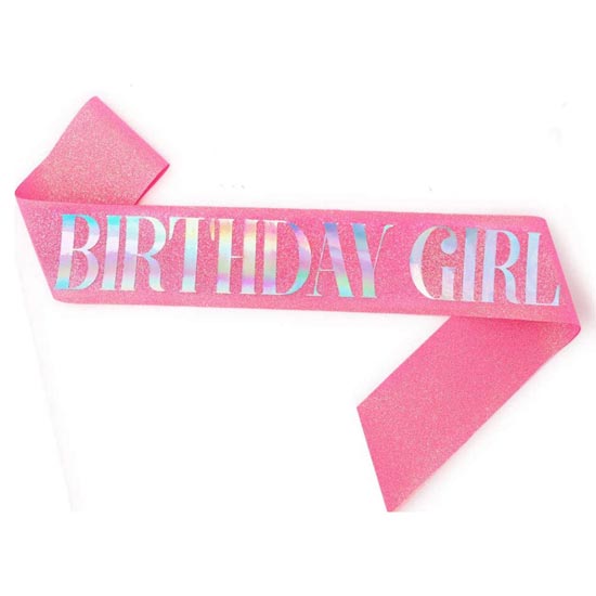 Glitter Pink Birthday Girl Sash (Iridescent Wordings)