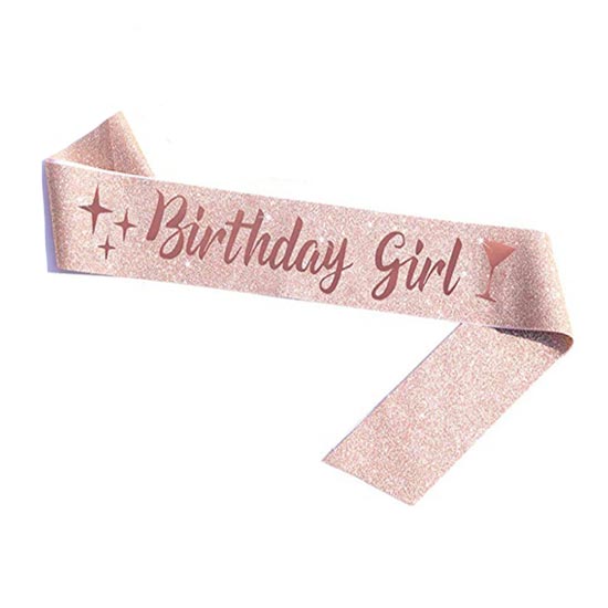 Glitter Rose Gold Birthday Girl Sash with Cursive Wordings