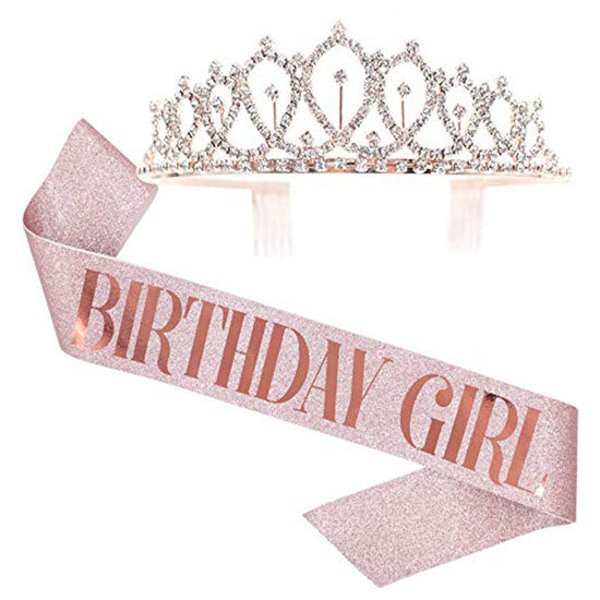 Pink glittery Birthday Girl Party Sash for the birthday princess, coupled with a tiara.