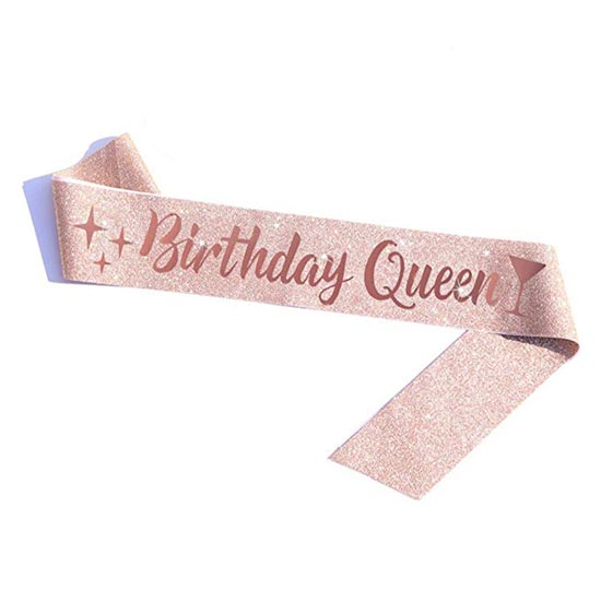 Glitter Rose Gold Birthday Queen Sash (Cursive Wordings)