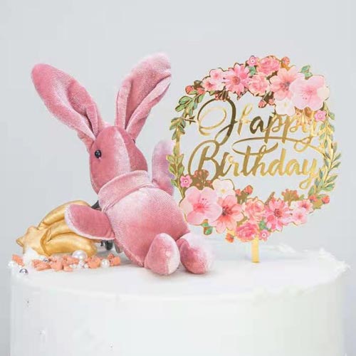 Gold Acrylic Bday Cake Topper with Pink Flowers