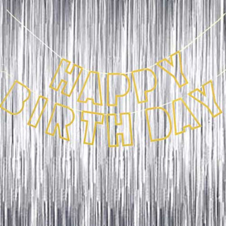 Elegant Gold Happy Birthday banner with hollow slim stroke letters against silver backdrop.
