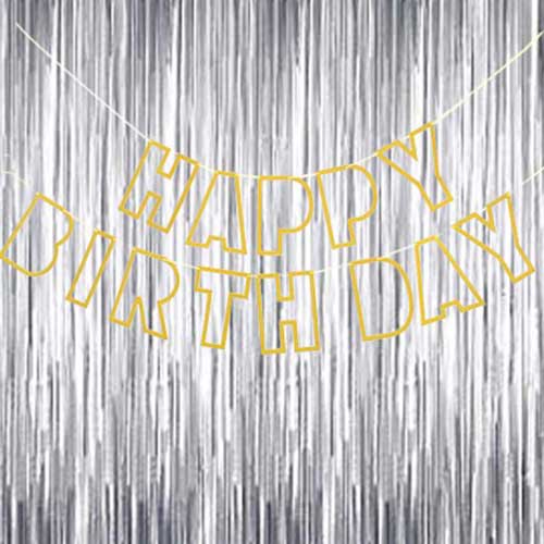 Elegant Gold Happy Birthday banner with hollow slim stroke letters against silver backdrop.