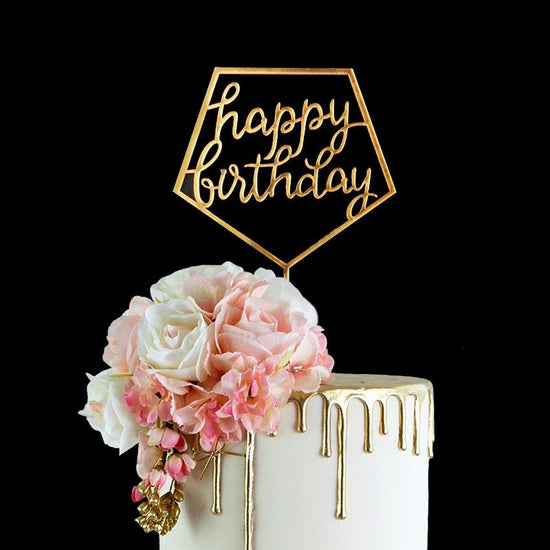 Golden frame Happy Birthday Cake topper in acrylic.