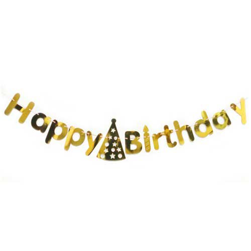 Gold foil letter banner in the form of "Happy Birthday" for decorating your birthday backdrop or dessert table setup.   Banner measures about 3m long