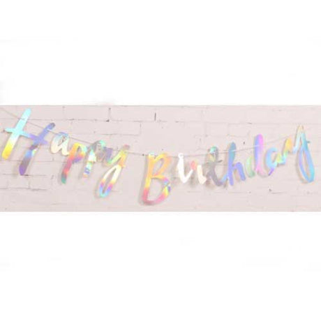 Iridescent Happy Birthday foil bunting for dessert table or cake cutting setup