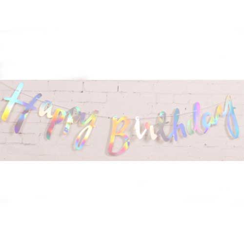 Iridescent Happy Birthday foil bunting for dessert table or cake cutting setup
