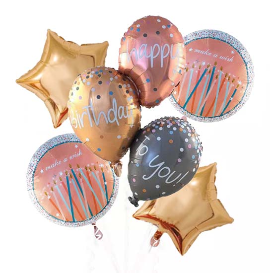 Happy Birthday to You Balloon Bouquet filled with helium. Rose Gold, Silver and Gold combination for a great and remarkable birthday celebration.