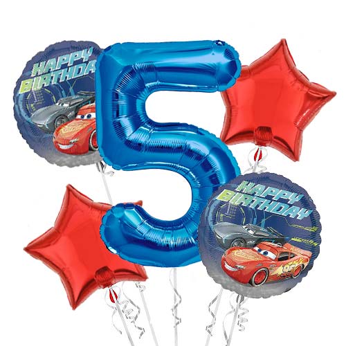 Includes a Jumbo Number Balloon and Cars themed balloons