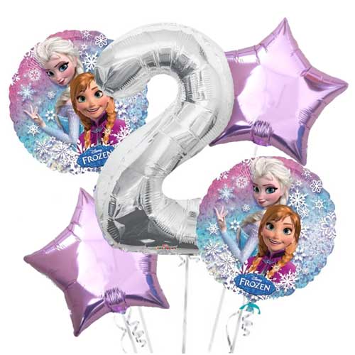 Includes a Jumbo Number Balloon, 2pcs of 18in matching Frozen balloons & 2pcs of Star shaped Balloons.