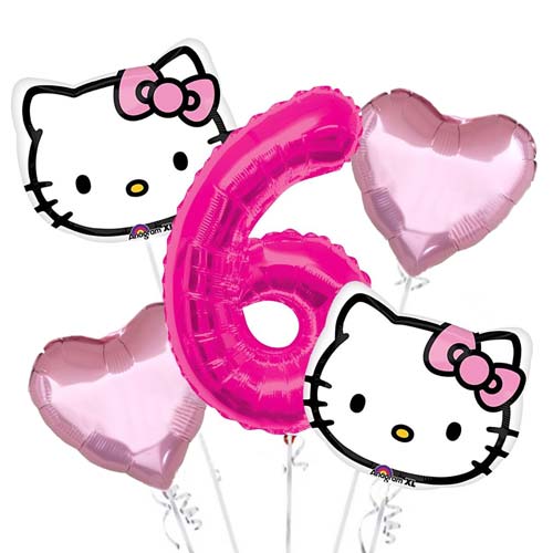 Load image into Gallery viewer, Includes a Jumbo Number Balloon, 2pcs of 18in matching Hello Kitty Balloons &amp;amp; 2pcs of Heart shaped Balloons.

