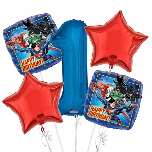 Includes a Jumbo Number Balloon, 2pcs of 18in matching Justice League Superheroes Balloons & 2pcs of Star shaped Balloons.