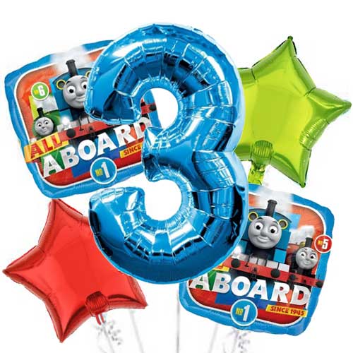 Load image into Gallery viewer, Thomas the Tank Jumbo Number Balloon Bouquet.
