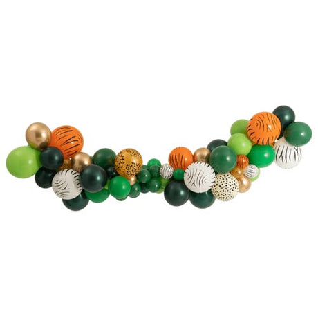 Jungle themed balloon garland with matching animal prints latex balloons.