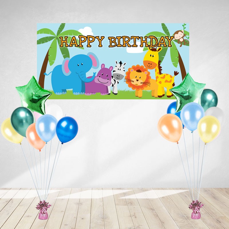 Jungle Animals Birthday Party Decoration set with balloons and banners.