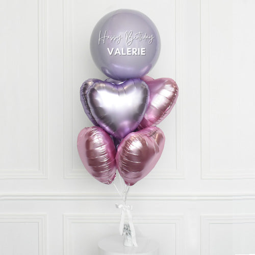 Customised Lilac Orbz Balloon with Hearts Foil Bouquet