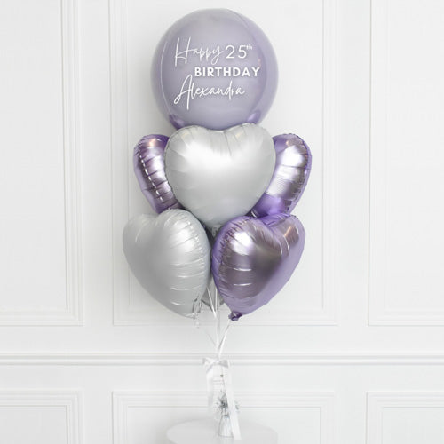 Load image into Gallery viewer, Customised Lilac Orbz Balloon with Hearts Foil Bouquet
