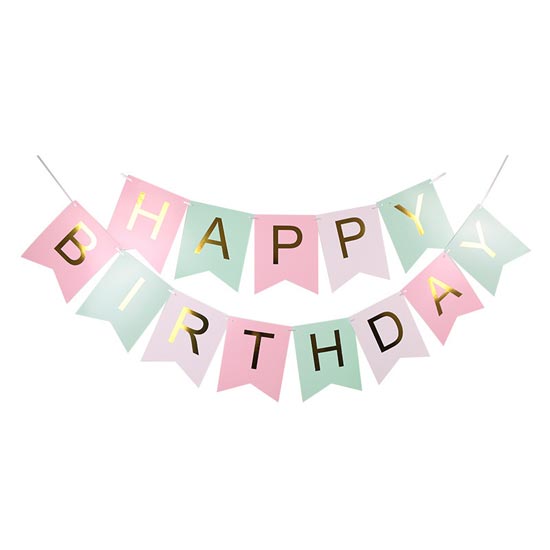 Macaron coloured Happy Birthday Fishtail Shaped Banner.