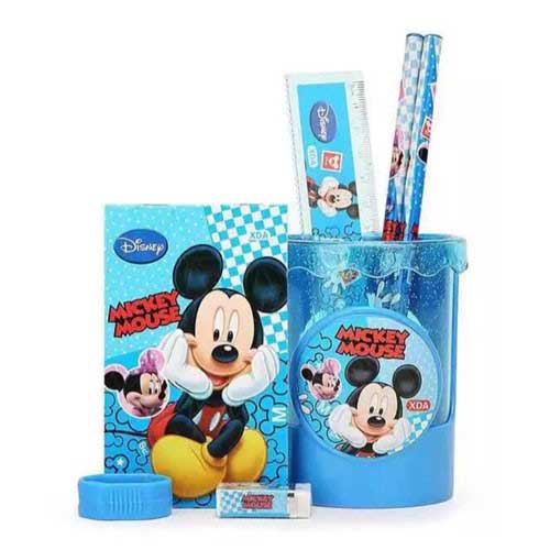 Mickey Mouse Stationery set come packed with 2 pencils, 1 pencil sharpener, 1 ruler, 1 notebook, 1 erase and 1 pencil holder