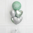 Mint green orbz balloon matching with chrome heart balloons to form a balloon bouquet for the birthday star.Customised Mint Orbz Balloon with Hearts Foil Bouquet