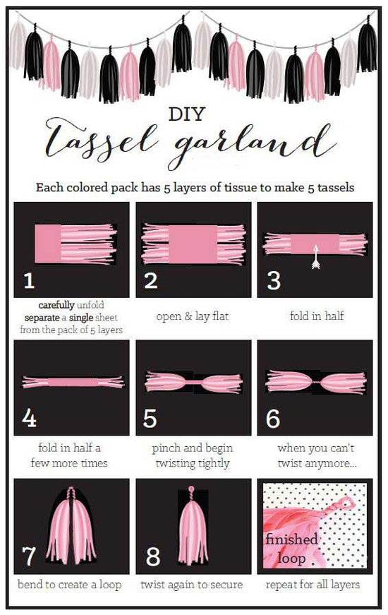 Clear step-by-step instructions for you to set up the crepe paper tassels. Easy to assemble. Get ready for party time!