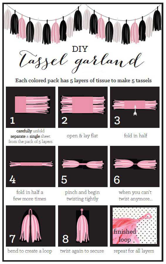 Clear step-by-step instructions for you to set up the crepe paper tassels. Easy to assemble. Get ready for party time!