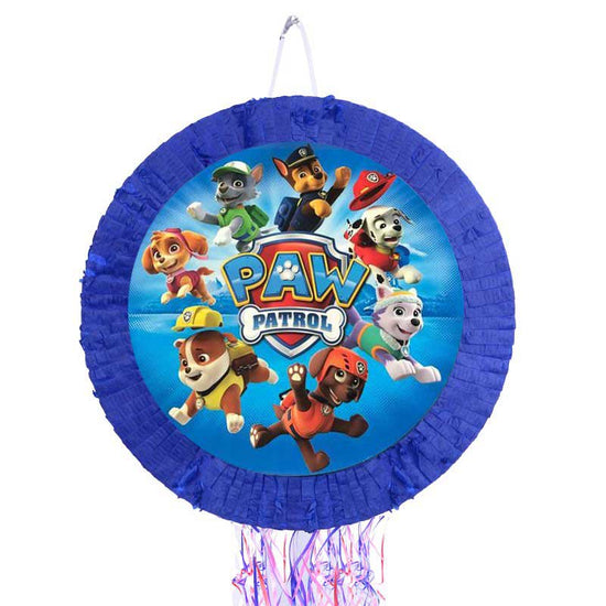 Paw Patrol themed pinata featuring Chase, Rubble, Marshall, Skye and pups
