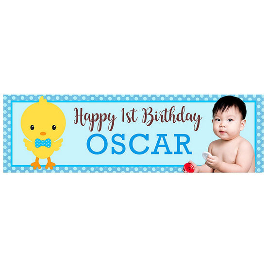 Bright Blue Banner with cute little chick. Printed with your child's photo for a great birthday party backdrop.