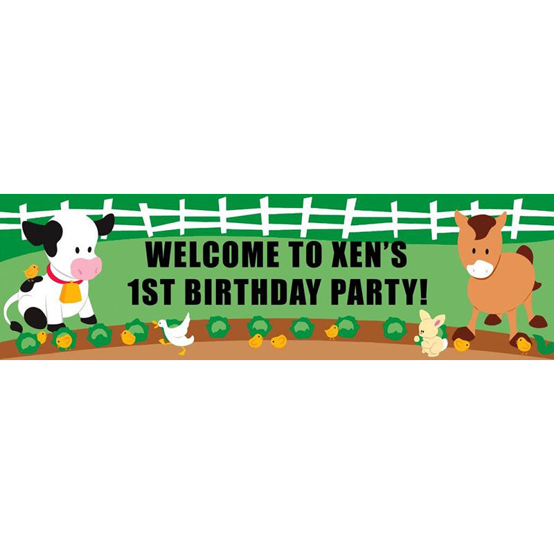 Farm themed banner with your child's name. Featuring well-loved animals like chicks, cows and horses. Add a photo to make it more impressive.
