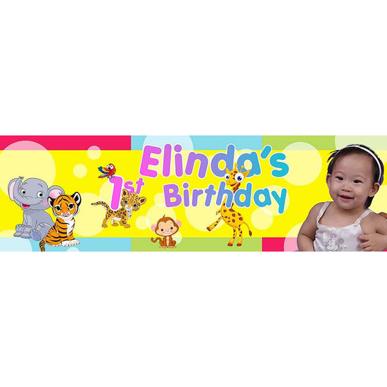 Colourful wild animal banner for the adorable 1-year-old birthday party. It;s cool to have the birthday star photo and name printed on the banner.