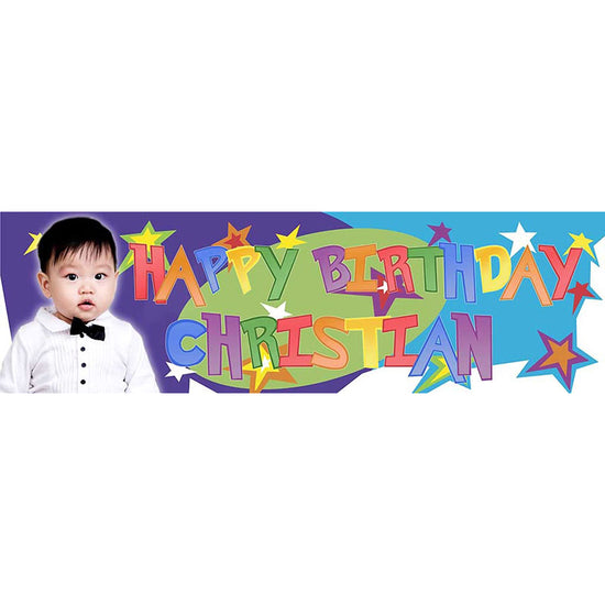 Sparkling and colourful banner customized with your birthday star's photo and name.