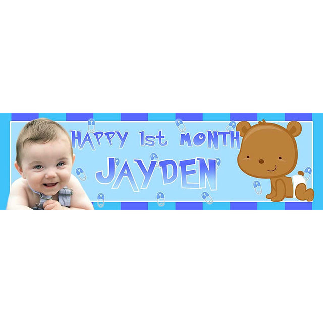 Sweet and adorable Cutie Bear banner with the baby boy's cropped photo featured on the blue banner backdrop.