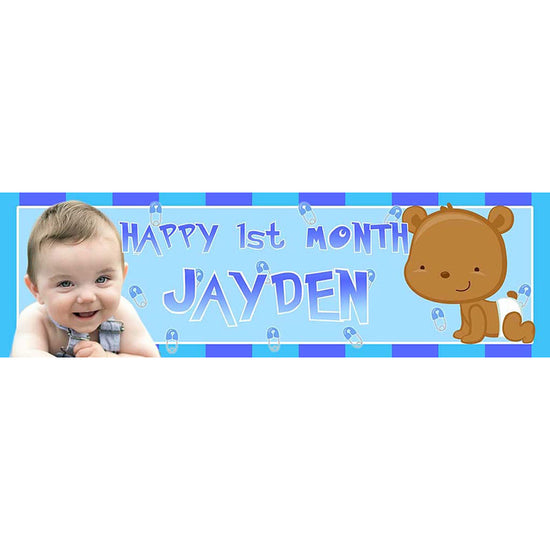 Sweet and adorable Cutie Bear banner with the baby boy's cropped photo featured on the blue banner backdrop.
