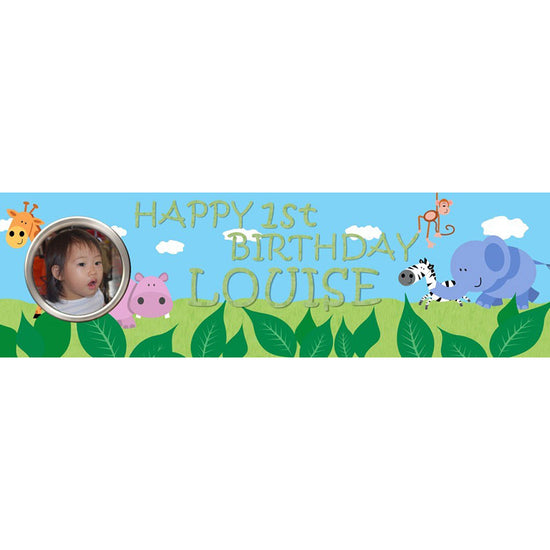 Jungle Buddies Banner with photo and name customised printed on. PVC