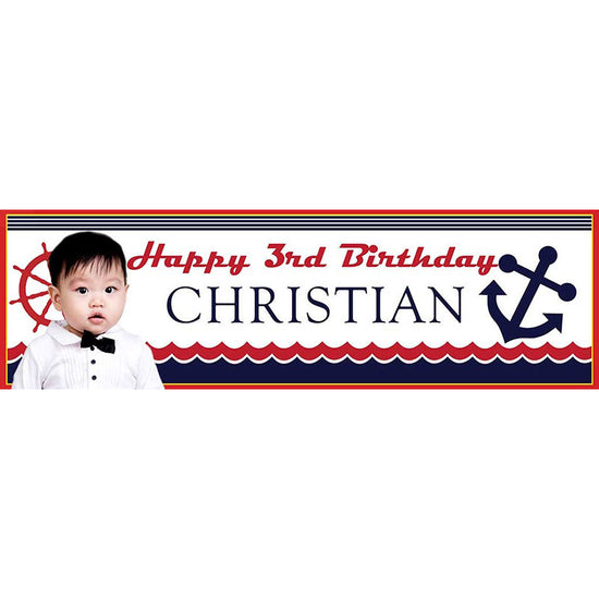 Strong Navy blue and Red against white background, this nautical banner is especially cool when you print your photo on it.