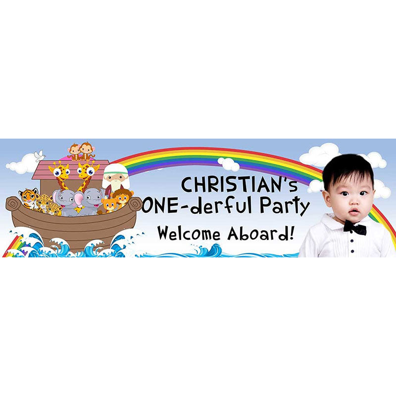 Cute Noah's Ark banner just like what we leant in Sunday class. Join the faithful biblical character for a ride for your birthday party!