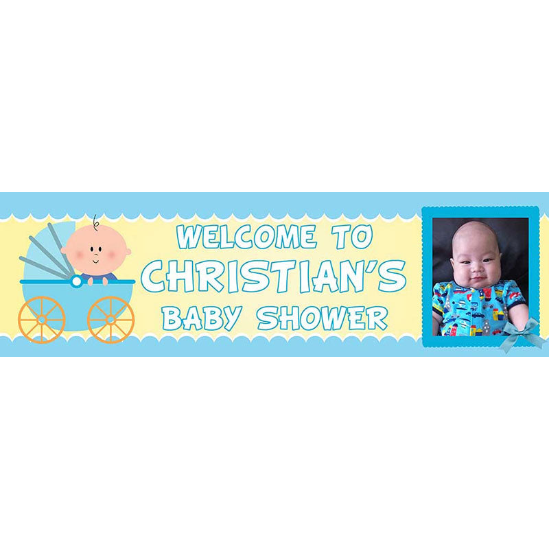 Featuring a baby in a buggy, this blue backdrop banner is customised with the photo and the name of the newborn baby boy. Great for full month and gender reveal or 100 Days Celebration.