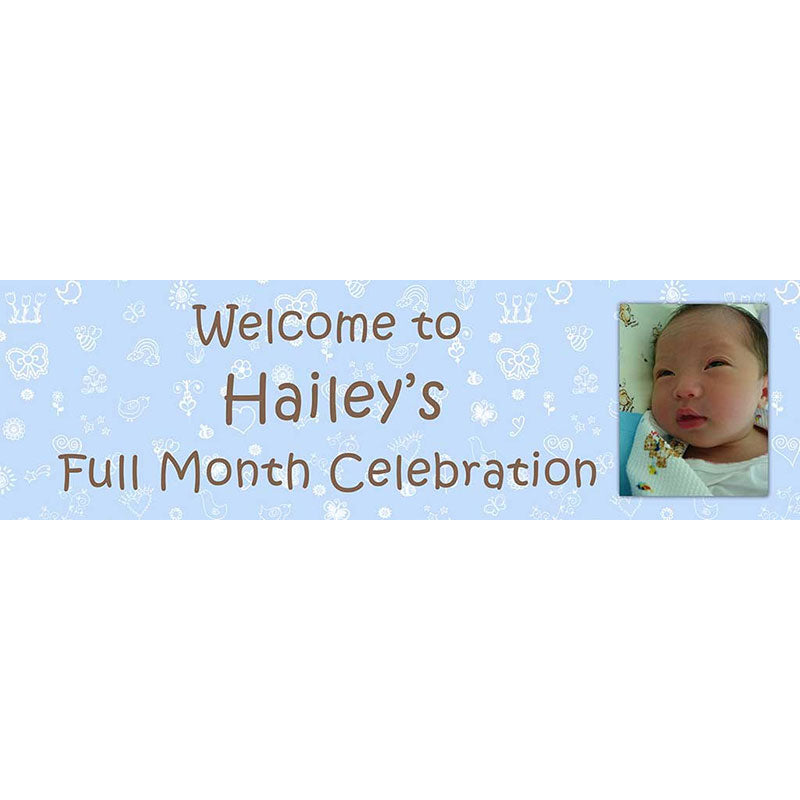Light pastel blue banner with the fun things on the banner. Print it with your baby's photo and customized for the party backdrop.