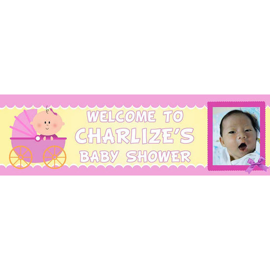 Pink border for the banner for the baby girl in the buggy customized with baby's photo and name.