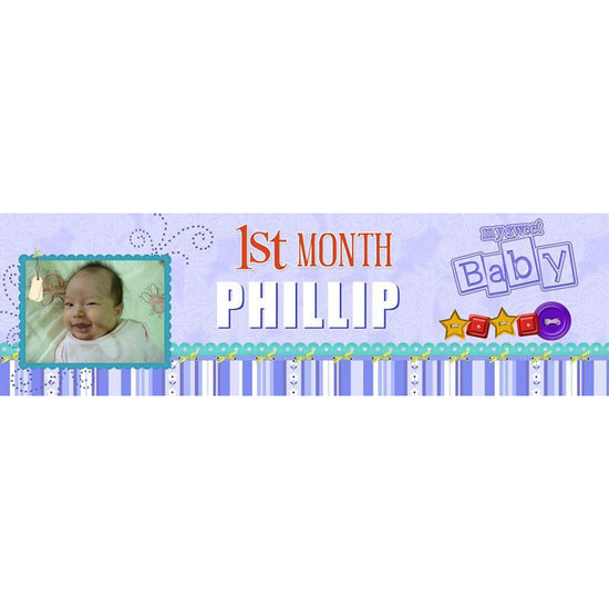 Cool and stylish banner design featuring the newborn baby boy's photo and name. Make your Baby Shower or Full Month Party a special one!