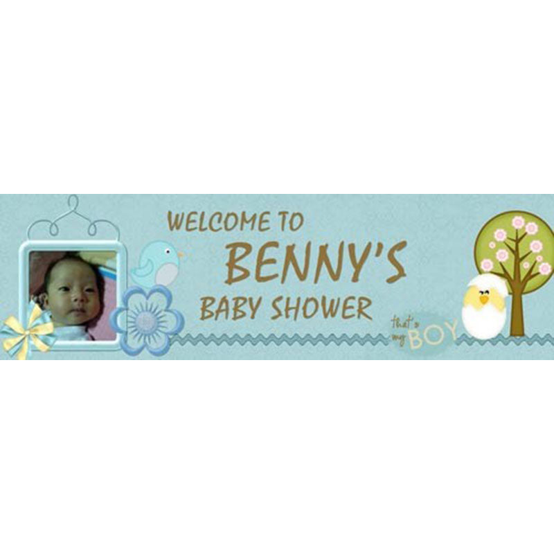 Cute and adorable baby boy banner with a little chick cracking out of the egg, to celebrate an event like Baby Shower, Full Month Celebration or 100 Days Party.