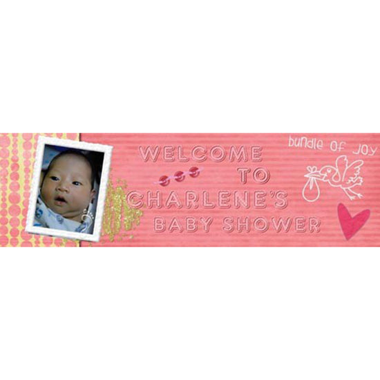 Sweet Pink banner that features a stork for the good news of your baby's new arrival. Customized printed with your child's photo for a great personalised celebration.