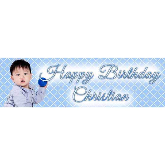 Blue banner printed with your son's photo and add on lovely blessing messages on it.
