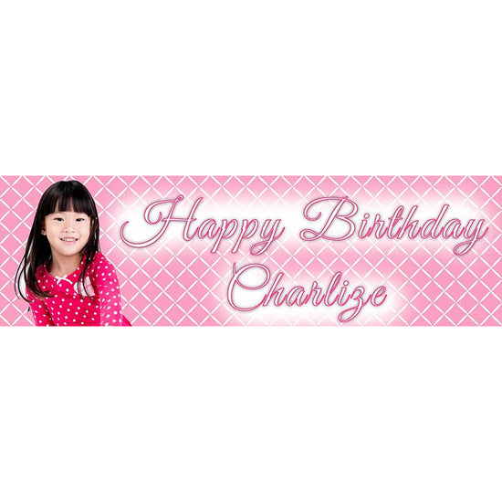Lovely pink banner with your photo and name printed on it. Great for your birthday party decoration!