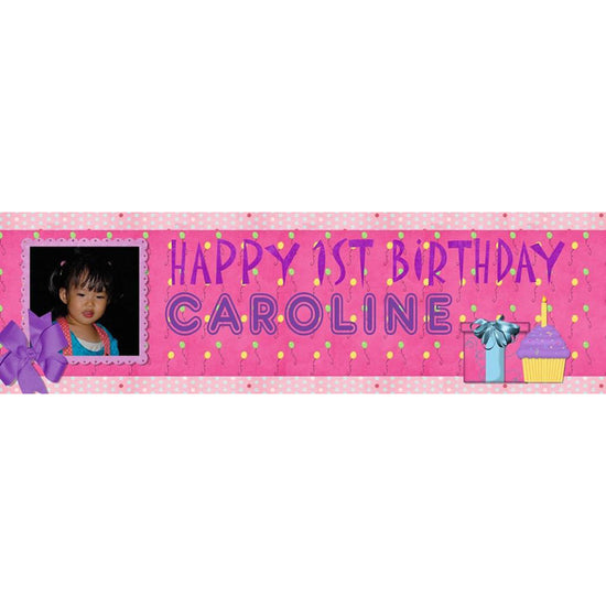 Pink and lilac banner featuring cupcakes and gifts, with your child's photo and name personalised on it. Printing takes 7 days.