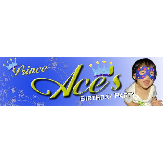 Charming Prince banner in blue and highlighted with neon coloured words for the name. Add in a photo for the complete personalisation.