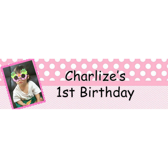 Pink Polkadot banner is great for 1st birthday and baby shower. Customized with your child's photo in it.