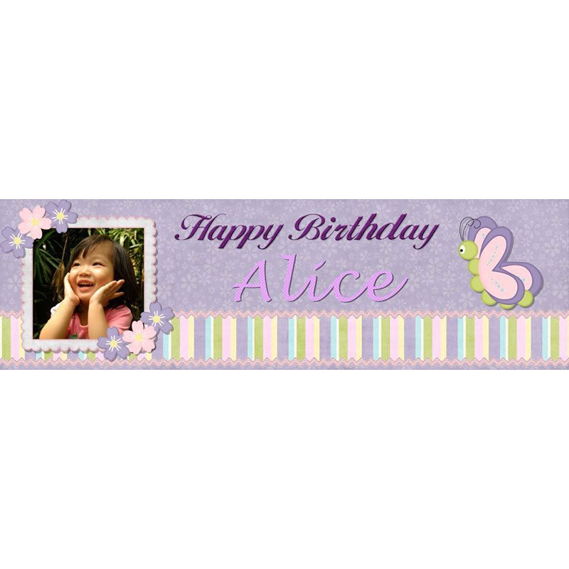 Lovely banner in purple and lilac with butterflies and flower. Personalised with photo of the birthday girl.
