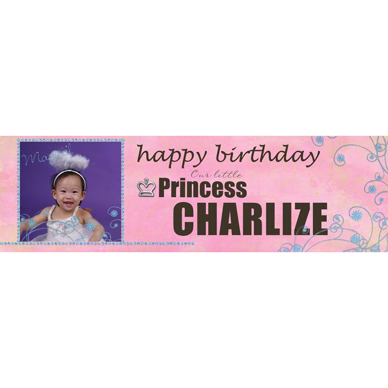 Sweet Photo Banner for your 1st Birthday Princess. Featuring your baby's photo and her name in this customised printed PVC banner with eyelets.